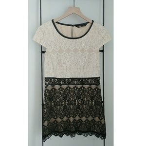 Kensie Black + White Lace Dress w/ Leather Detail